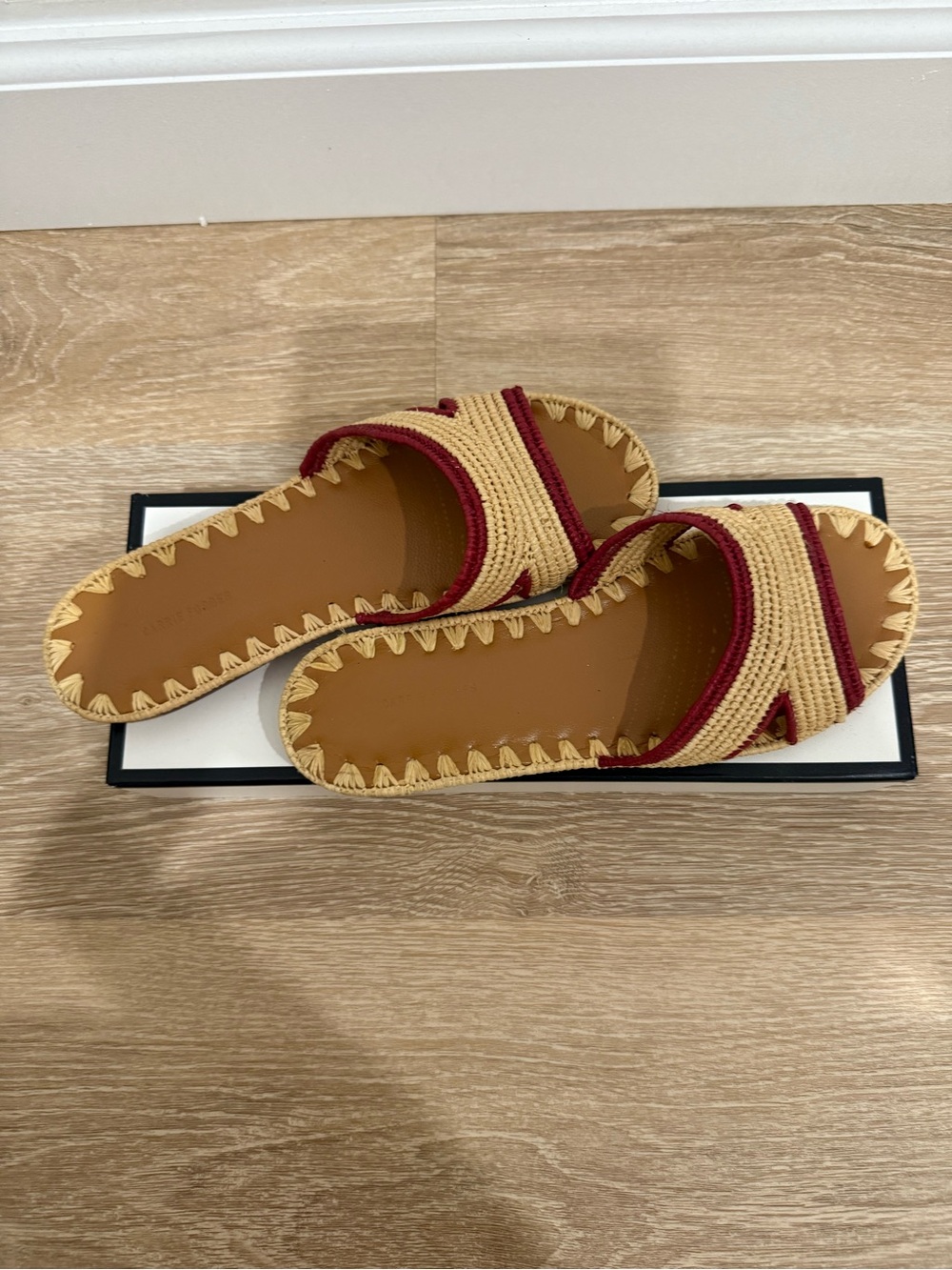 Woven Slide Sandals in Beige and Burgundy